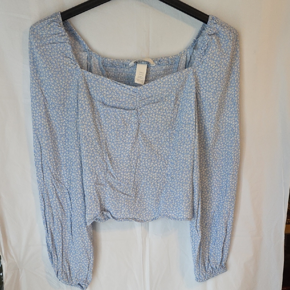H&M Fitted Blue Floral Long Sleeve Blouse Size XXS